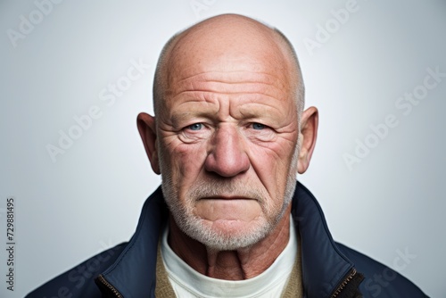 Portrait of a senior man with wrinkles on his face. Gray background.