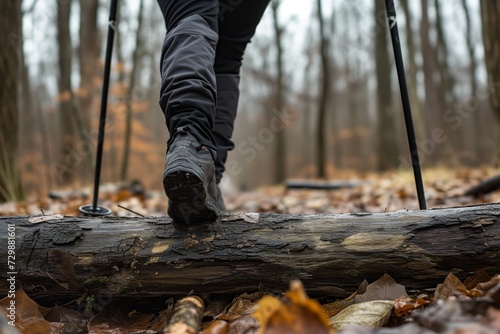 person with poles about to step over a log