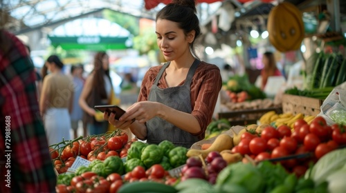Young Woman Using Smartphone at a Farmers Market, Checking Prices or Shopping List, Ideal for Modern Lifestyle and Healthy Eating Concepts