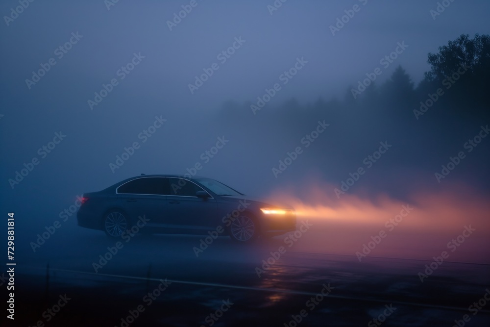 side view of car with beams cutting through evening fog