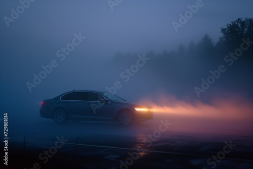 side view of car with beams cutting through evening fog