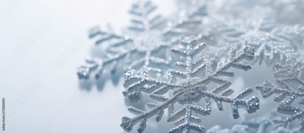 Snowflakes stand out on a white background, capturing attention during the holidays. Snowflakes stand out on a white background, capturing attention during the holidays.