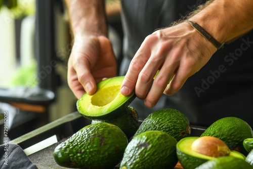 man squeezing avocados for ripeness photo