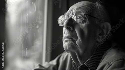 Elderly man gazing out the window, his expression contemplative, capturing a moment of reflection or longing, suitable for themes of aging, solitude, or reminiscence