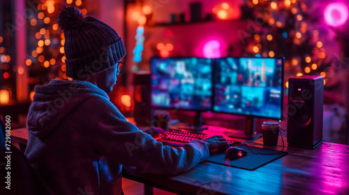 Focused Cybersecurity Expert Analyzing Code in a Neon-Lit Room, Intently Working on Computer with HD Display in a High-Tech Cybersecurity Hub