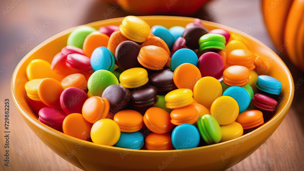 Creepy Confections: Bowl of Round Multicolored Candies on Rustic Table Creepy Confections: Bowl of Round Multicolored Candies on Rustic Table