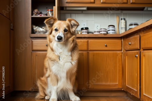 dog sitting obediently in front of a cupboard where dog treats are kept photo
