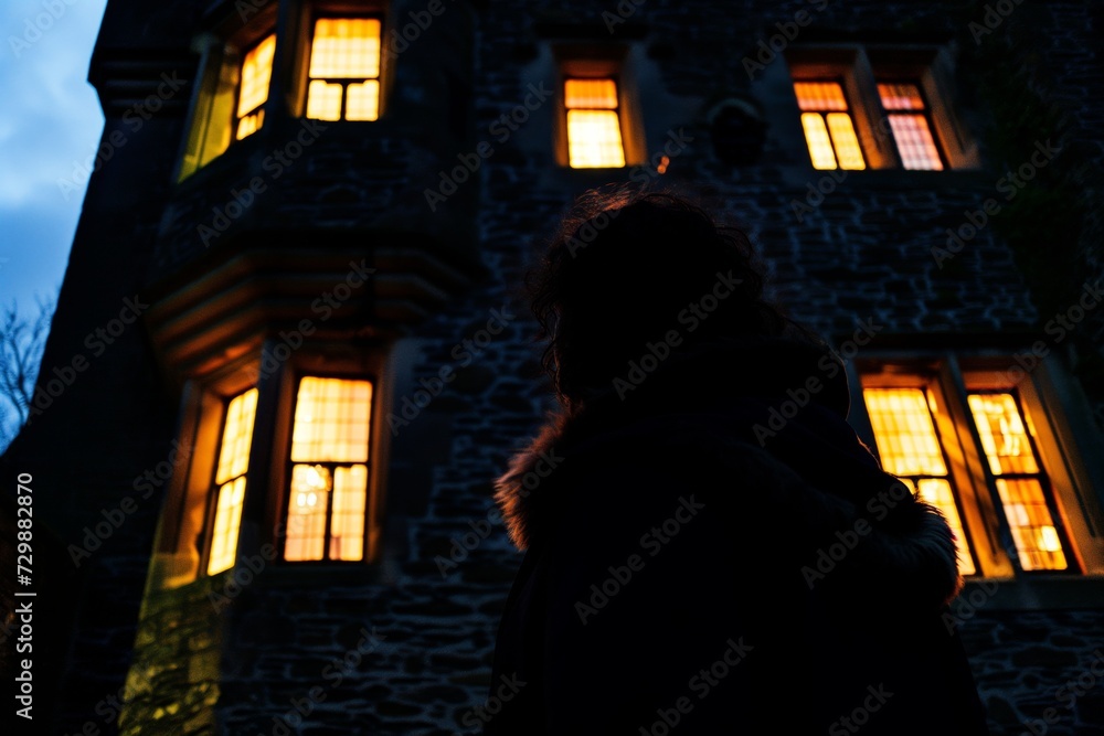 silhouette of person against castle with illuminated windows