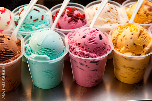 Vibrant selection of gelato in cups with spoons  ready to enjoy.