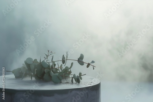 eucalyptus branches on podium, steamy shower blur