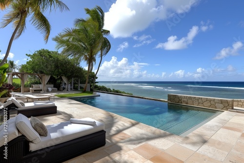 panoramic shot of pool area with ocean backdrop © altitudevisual