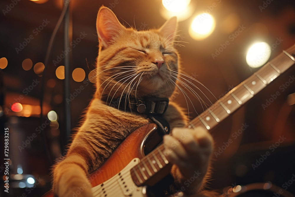 Naklejka premium A Cat Is Playing The Guitar In Front Of A Microphone