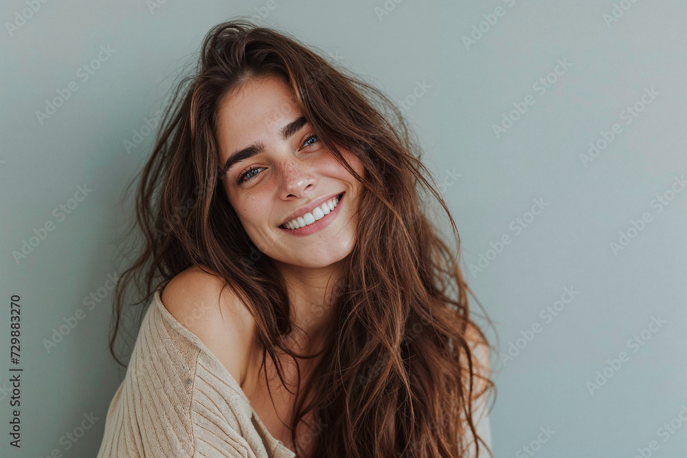 woman smiling for a camera on a gray background, in the style of light azure, softly organic, light sky-blue and dark brown, serene faces, wavy, drugcore woman smiling for a camera on a gray background, in the style of light azure, softly organic, light sky-blue and dark brown, serene faces, wavy, drugcore
