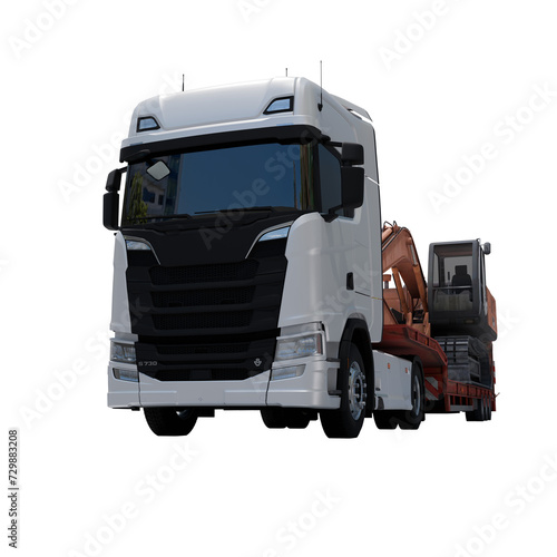 Semi Truck with Lowboy Platform Trailer 3D rendering on white background carrying an Excavator  