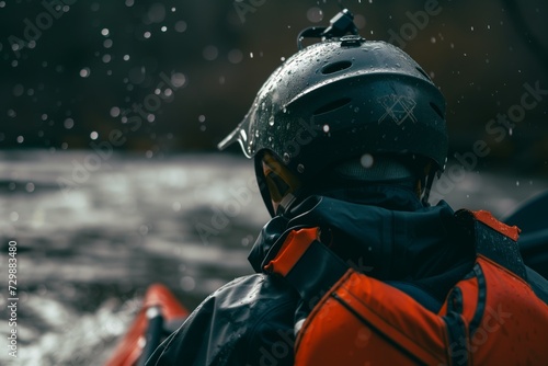 closeup of a person wearing a helmet and life jacket kayaking © primopiano