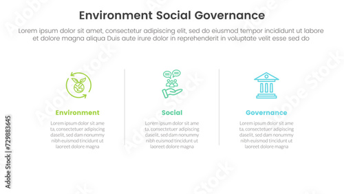 esg environmental social and governance infographic 3 point stage template with horizontal clean information for slide presentation