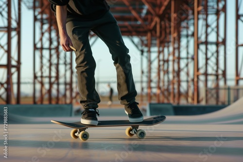 skateboarder preparing for ollie on concrete with steel structures photo