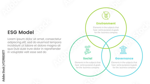 esg environmental social and governance infographic 3 point stage template with venn big circle outline joined for slide presentation