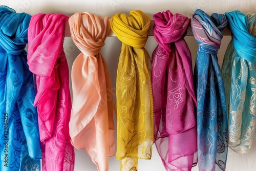 colorful scarves neatly draped over a white wooden rack © altitudevisual