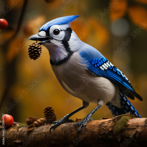 An up-close view of a Blue Jay (Corvid cyanocitta) enjoying peanuts against a backdrop of bright yellow light and negative space