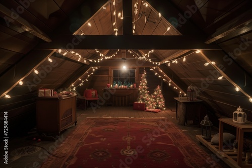 festive attic decorated for a holiday gathering, lit with string lights © primopiano