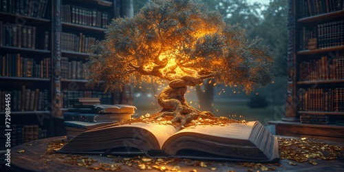 Glowing Tree in a Book-Filled Library A Magical Reading Experience Generative AI