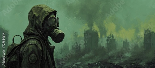 Survivor in gas mask, ruined city behind.