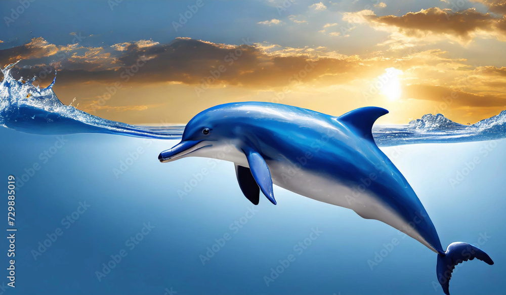 Obraz premium playful dolphin leaps out of the water at sunset, dolphin's body is arched in a graceful jump, colorful sky from the dark blue ocean.