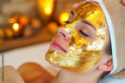 woman indulging in a goldinfused facial mask at a spa photo