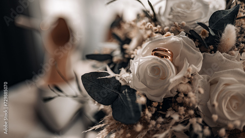 Beautiful rustic boho wedding bouquet and rings close up.