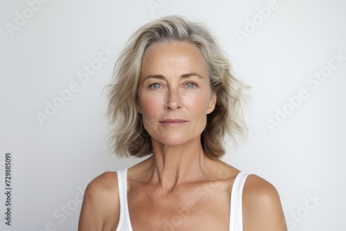 Portrait of beautiful middle aged woman looking at camera with serious expression