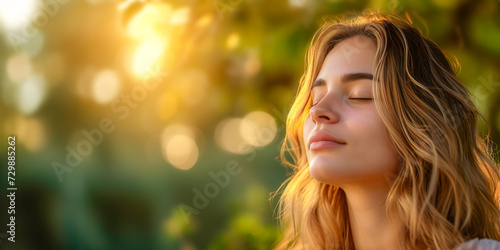 Serene young woman basks in the golden glow of sunlight  her face picture of tranquility and contentment. Concept of mental well-being  mindfulness  and the calming power of nature. Copy space