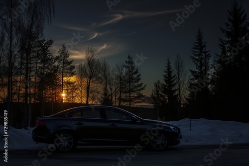 road trip, car parked with midnight sun above © primopiano