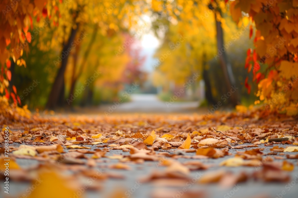 leafstrewn walk in autumn, outoffocus fall foliage frames either side