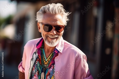 Portrait of happy senior man in sunglasses looking at camera in city