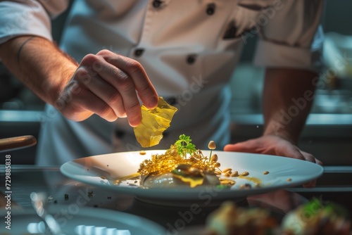 gourmet chef plating a dish with edible gold leaf