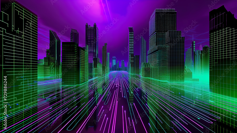 Futuristic cyberspace lines abstract of buildings and roads with reflections wallpaper background