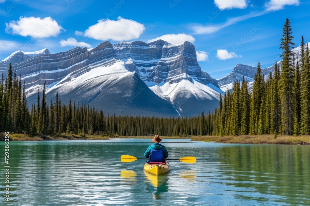 Captivating rear view of a man kayaking on a serene river surrounded by majestic mountains
