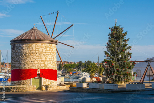 One of two 19th century windmills located in Medulin in Istria, Croatia. Is is decorated for Christmas
