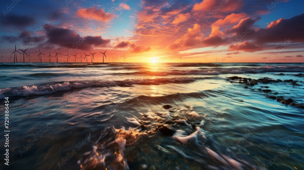 A beautiful landscape with coastal wind turbines capturing wind energy at sunset near the sea. Renewable environmentally friendly electricity in nature.