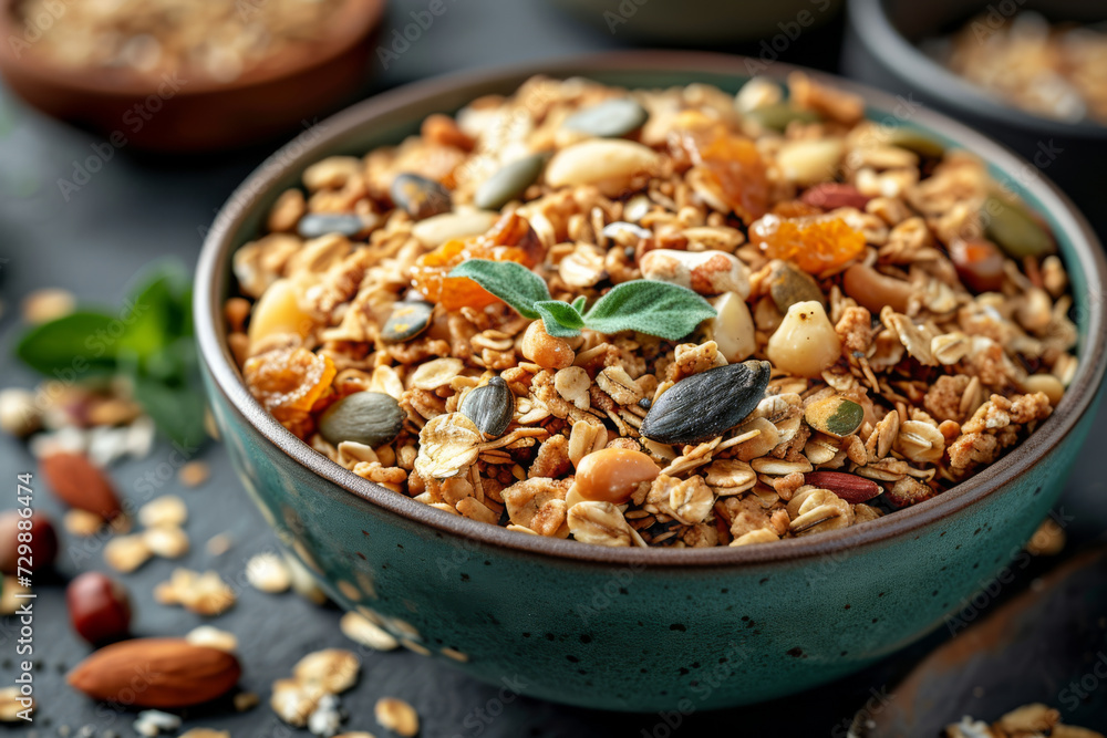 A homemade granola with oats, nuts, and seeds, free of added sugars. Concept of healthful and customizable breakfast choices. Generative Ai. A homemade granola with oats, nuts, and seeds, free of added sugars. Concept of healthful and customizable breakfast choices. Generative Ai.