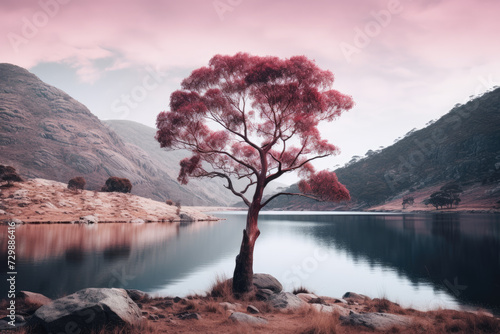 the lake is surrounded by mountains and trees with a lone tree  in the style of light pink and light crimson  uhd image  wildlife photography  australian landscapes  captures the essence of nature