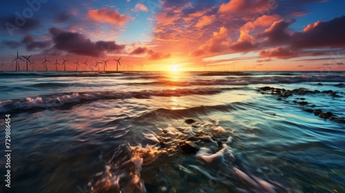 A beautiful landscape with coastal wind turbines capturing wind energy at sunset near the sea. Renewable environmentally friendly electricity in nature.