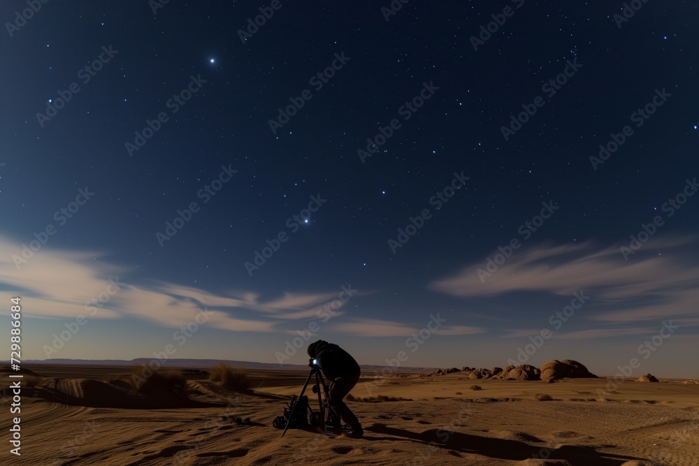 Fototapeta premium photographer setting up a nighttime lapse in the desert, stars dotting the sky