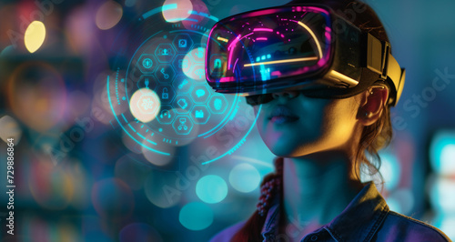 Virtual reality e-learning, vr futuristic education technology. Student use goggles headset to study interactive simulation school. 3d classroom device learning tech. Cyberspace communication. Ai gen.