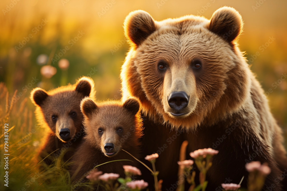 Obraz premium female brown bear and her cubs