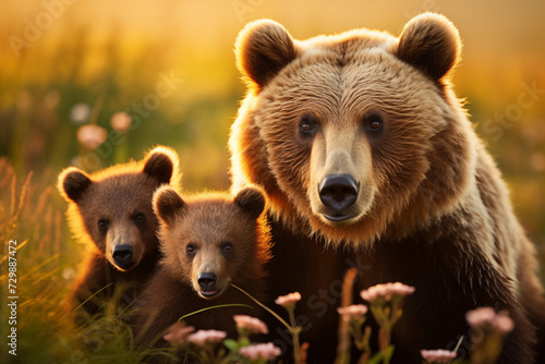 female brown bear and her cubs