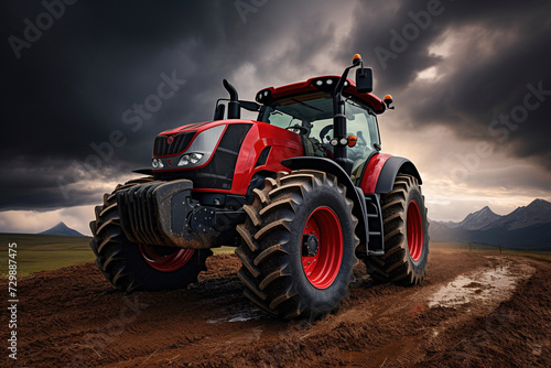 Red tractor on dusty road in rural landscape under approaching storm clouds