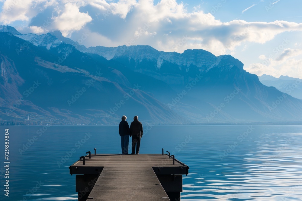 elderly couple holding hands on pier, lake and mountains