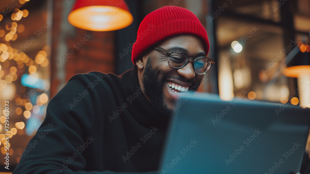 black man on laptop with a red beanie smiles at screen